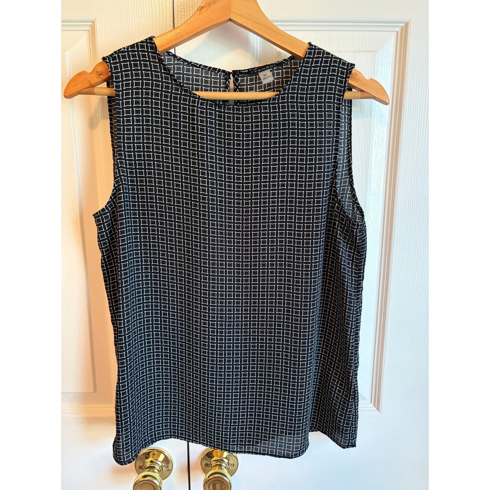 T Tahari Black White Geometric Sleeveless Blouse Keyhole Back Top Small